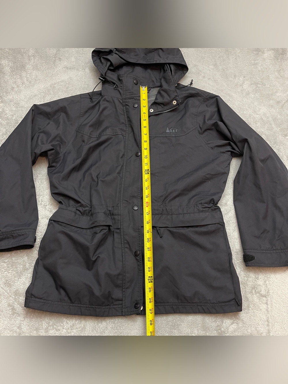 REI Elements Womens M Black Rain Jacket Full Zip Hooded Nylon Parka Coat - Picture 3 of 9